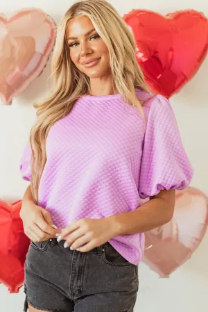 #71 Purple Solid Textured O Neck Puff Sleeve Blouse