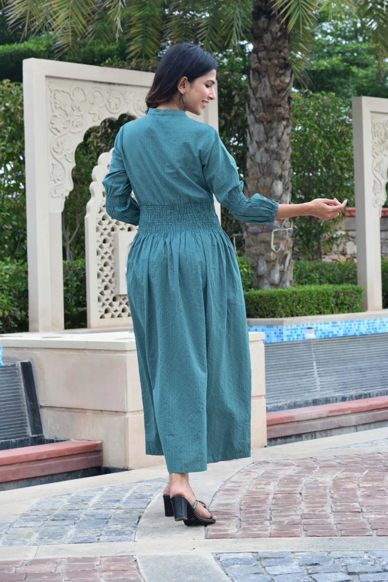 AAHELI PRUSSIAN BLUE COTTON KANTHA COMFY DRESS