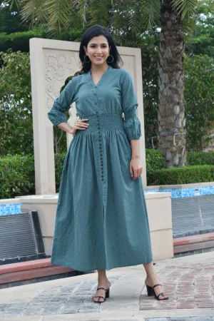 AAHELI PRUSSIAN BLUE COTTON KANTHA COMFY DRESS