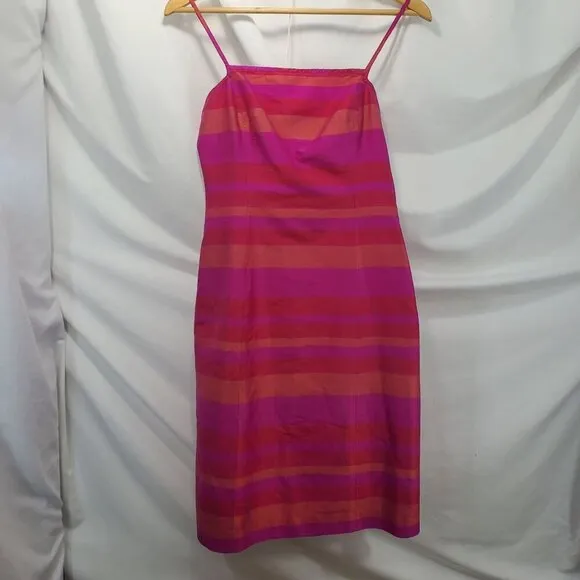 Ann Taylor Pink Orange Striped Silk Dupioni Dress Sleeveless Back Zip 2P (A-10)