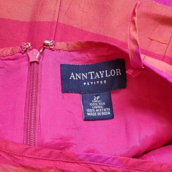 Ann Taylor Pink Orange Striped Silk Dupioni Dress Sleeveless Back Zip 2P (A-10)
