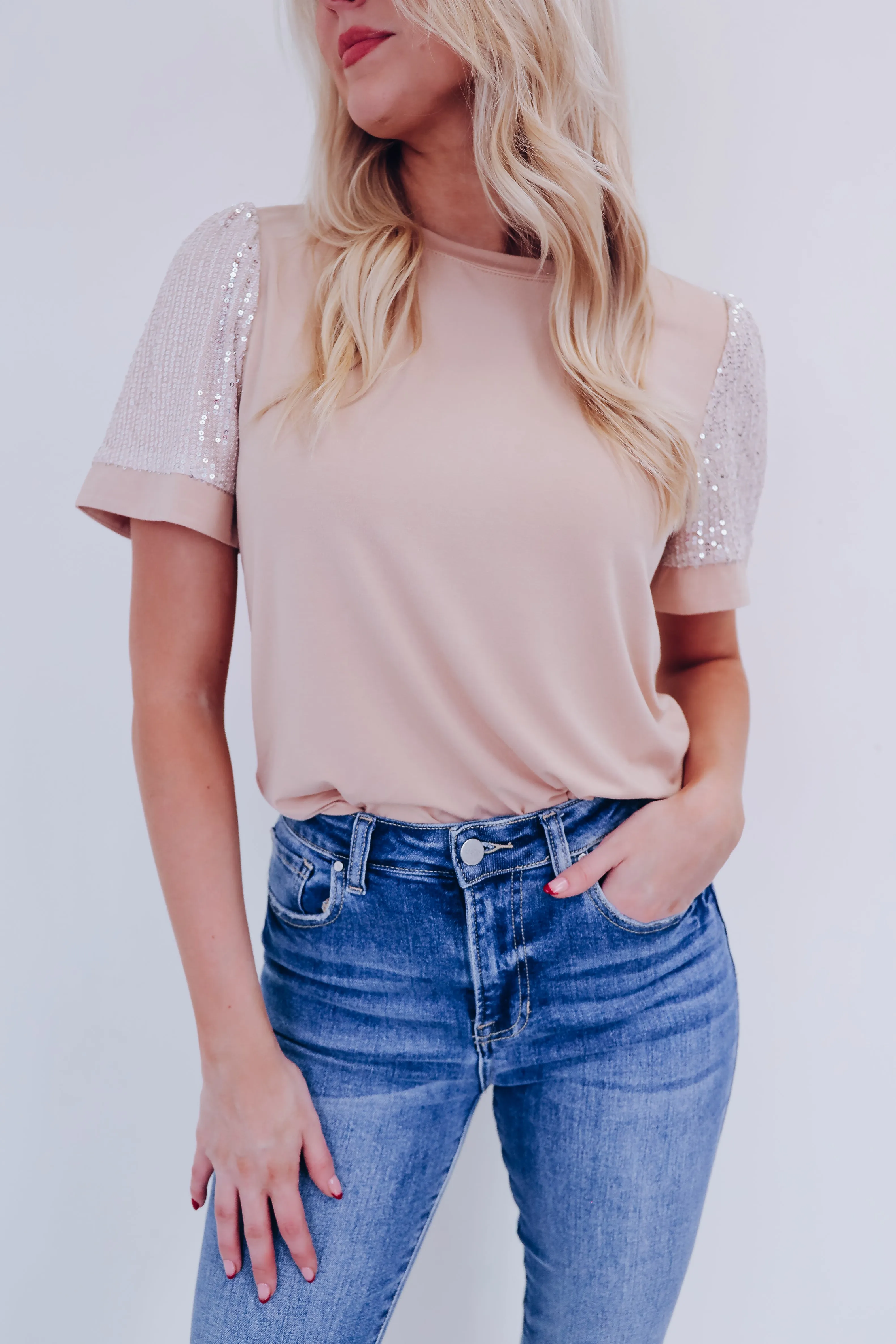 Avana Elevated Sequin Sleeve Top - Cream