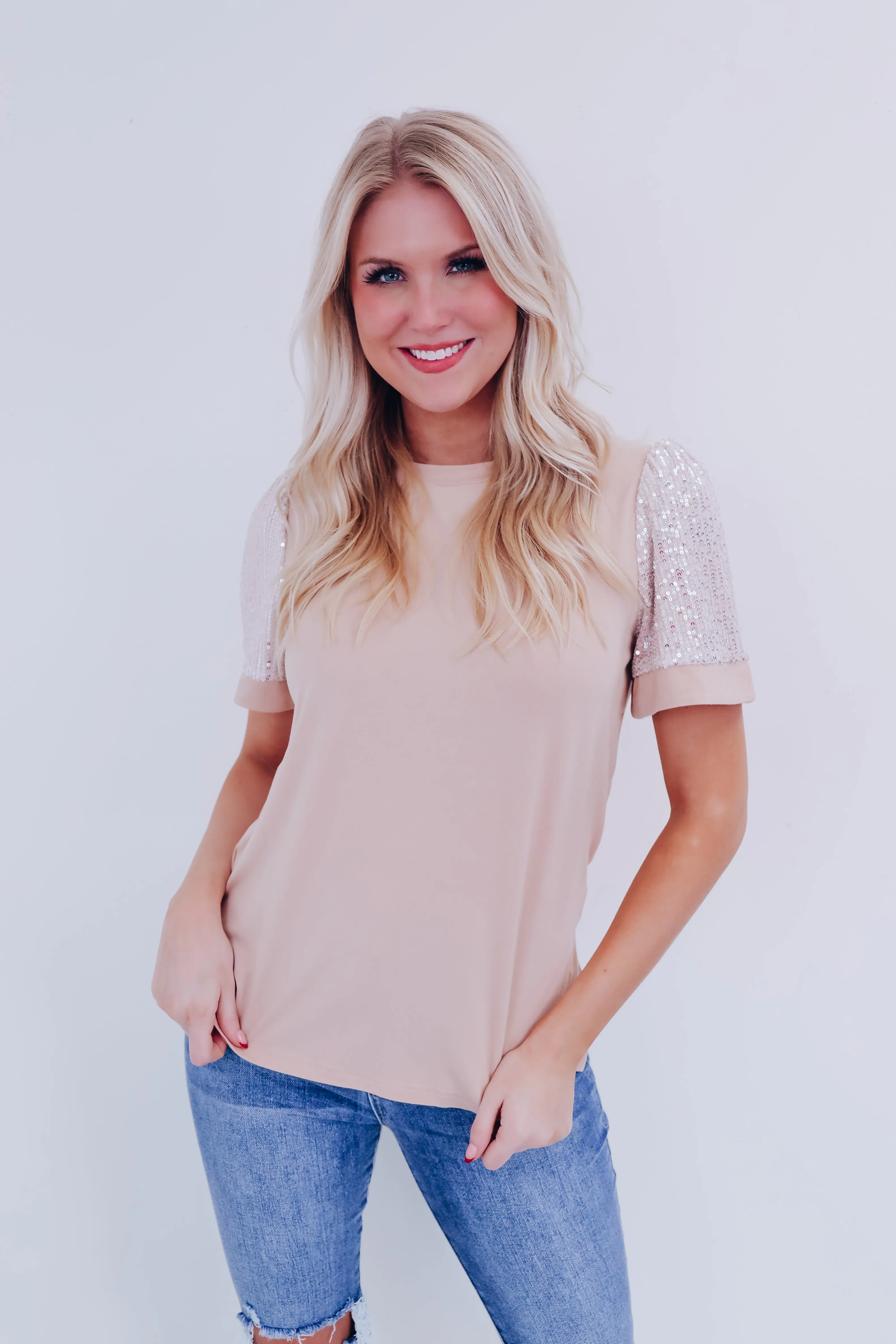 Avana Elevated Sequin Sleeve Top - Cream