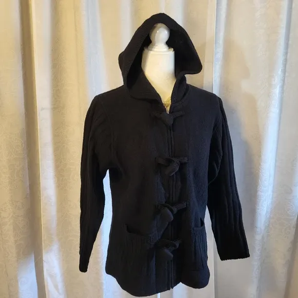 Coldwater Creek Women Hooded Toggle Wool Sweater, Size L, Black, Winter