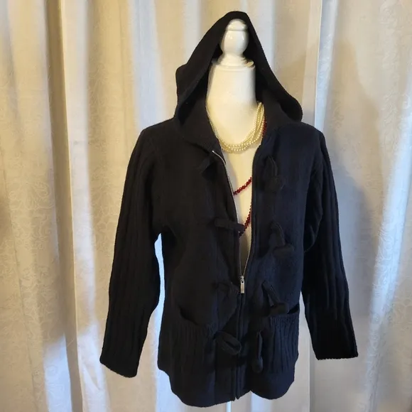 Coldwater Creek Women Hooded Toggle Wool Sweater, Size L, Black, Winter