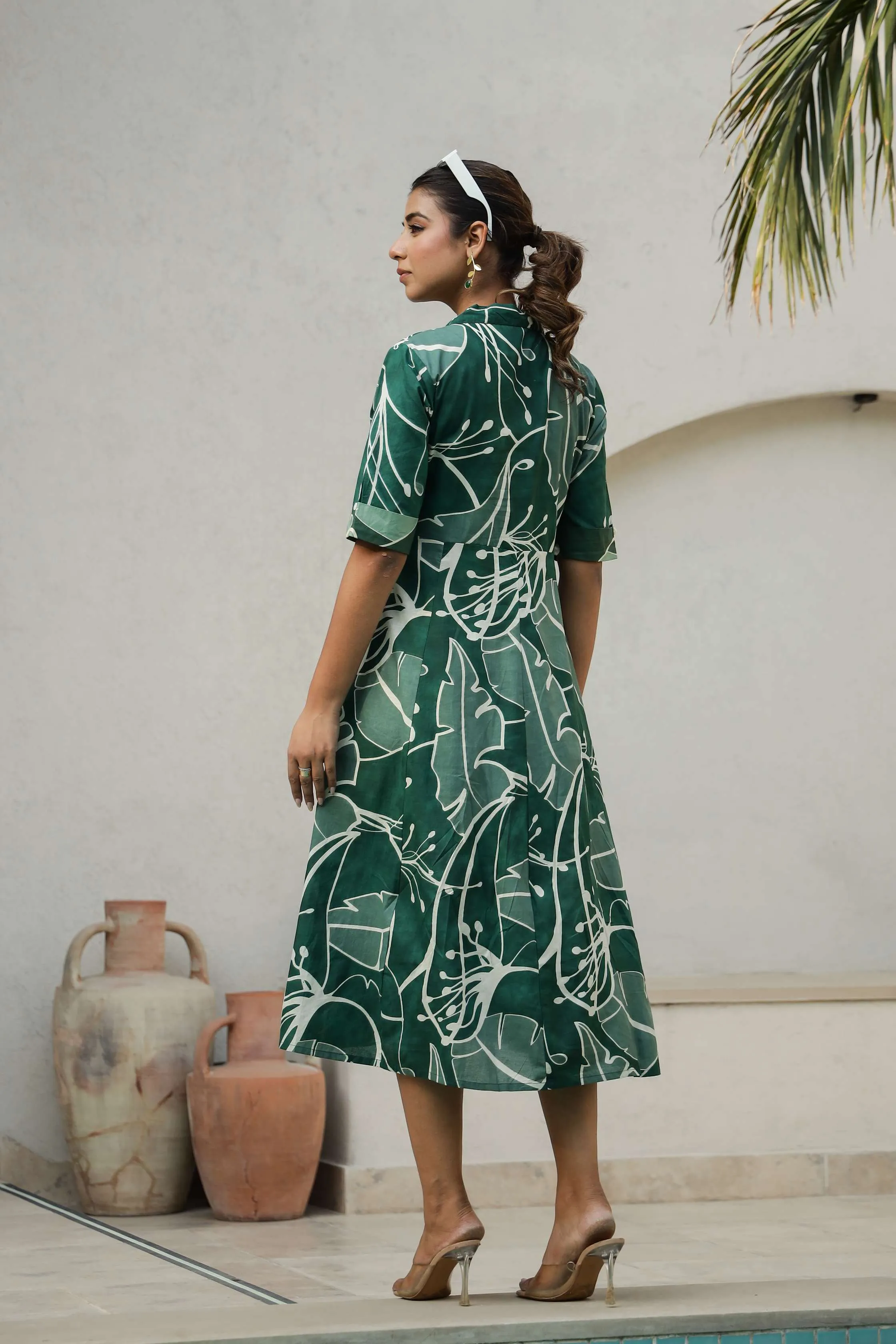 Dark Green Abstract Cotton Shirt Dress – Midi Flare