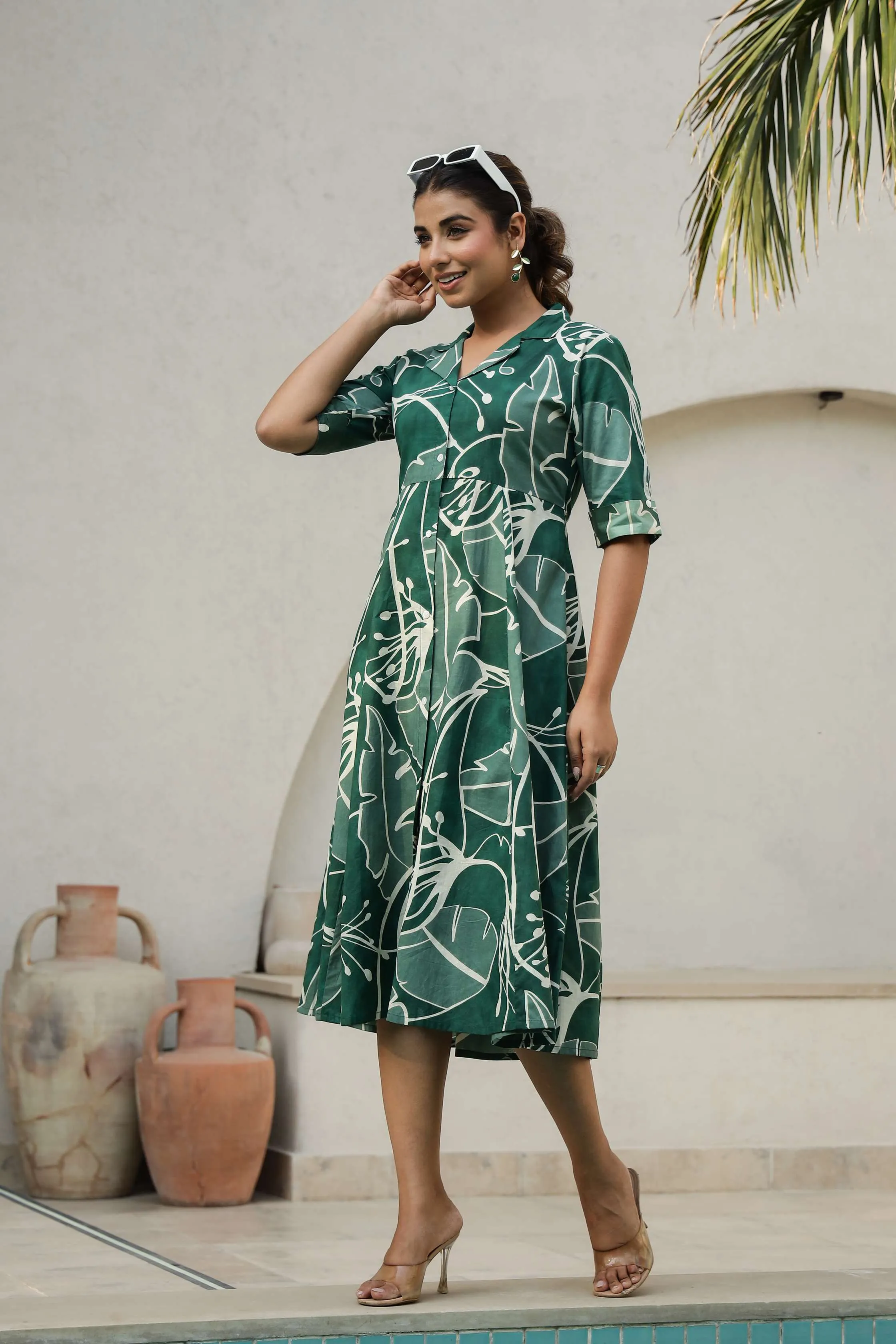Dark Green Abstract Cotton Shirt Dress – Midi Flare