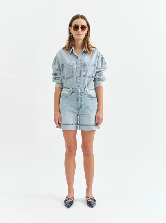 Daze Easy Rider Mid Rise Cuff Denim Short in Dew Drop