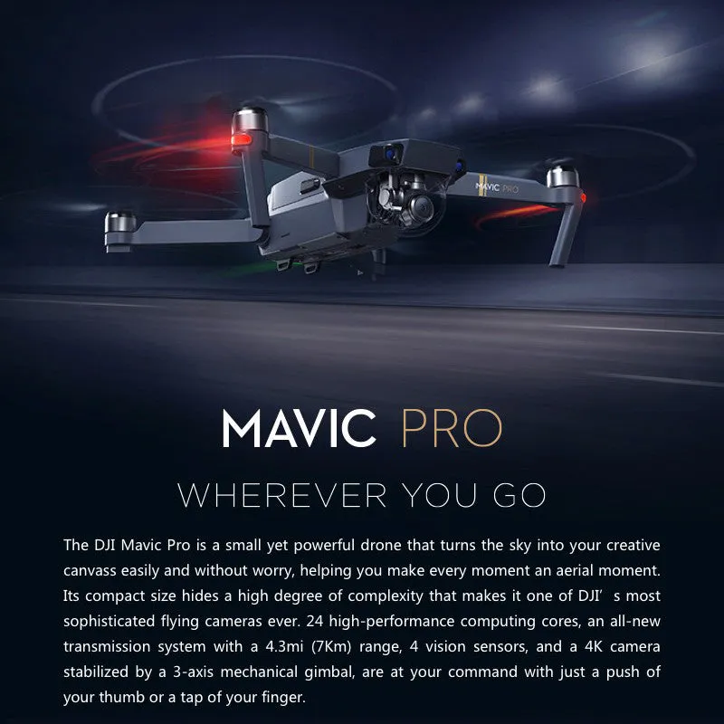 DJI Mavic Pro Camera Drone Combo Pack - GPS/GLONASS, 4 Mile Range, 4K Camera, 3 Batteries, Carry Bag, Folding