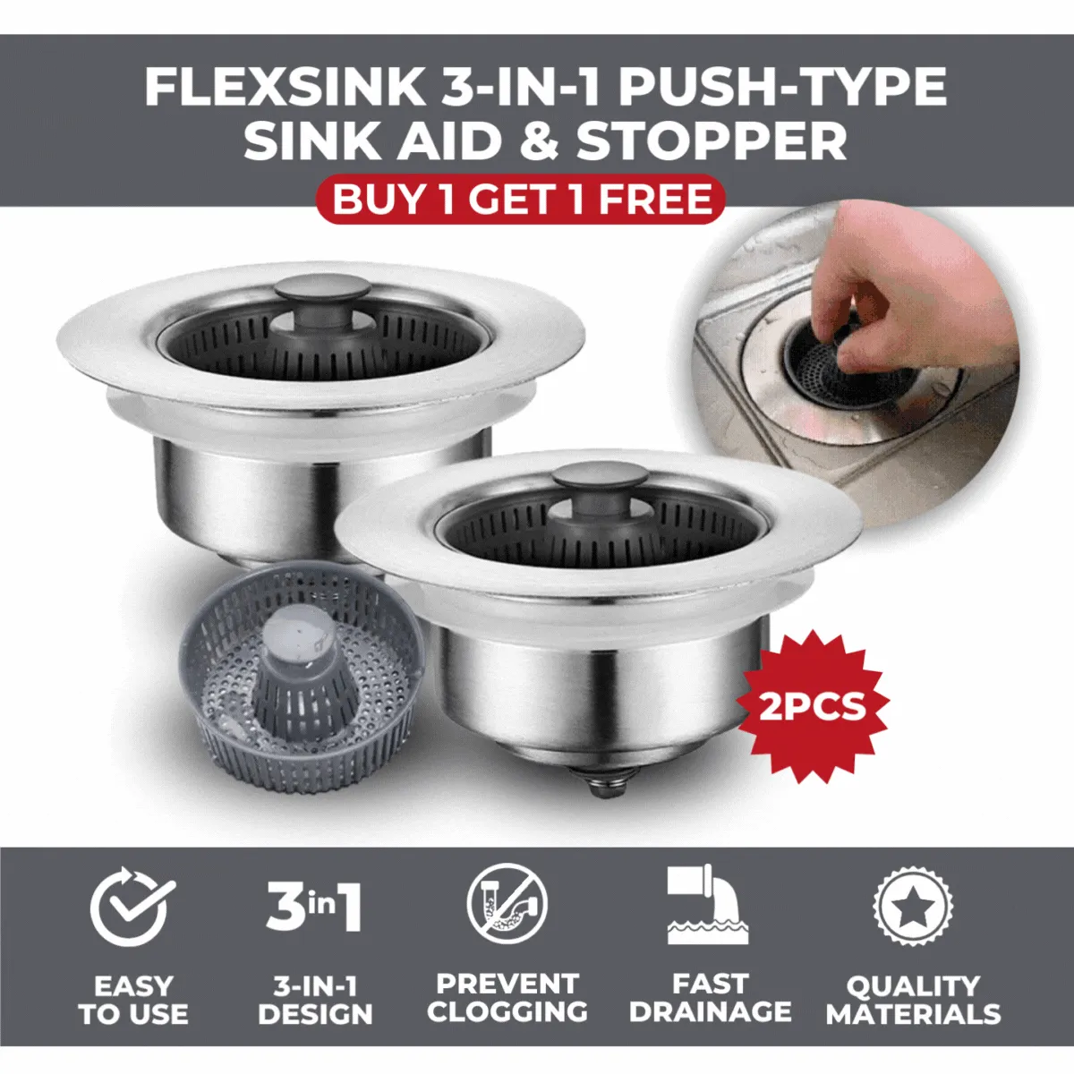 FlexSink 3-in-1 Push-Type Sink Aid & Stopper | BUY 1 GET 1 FREE (2PCS)