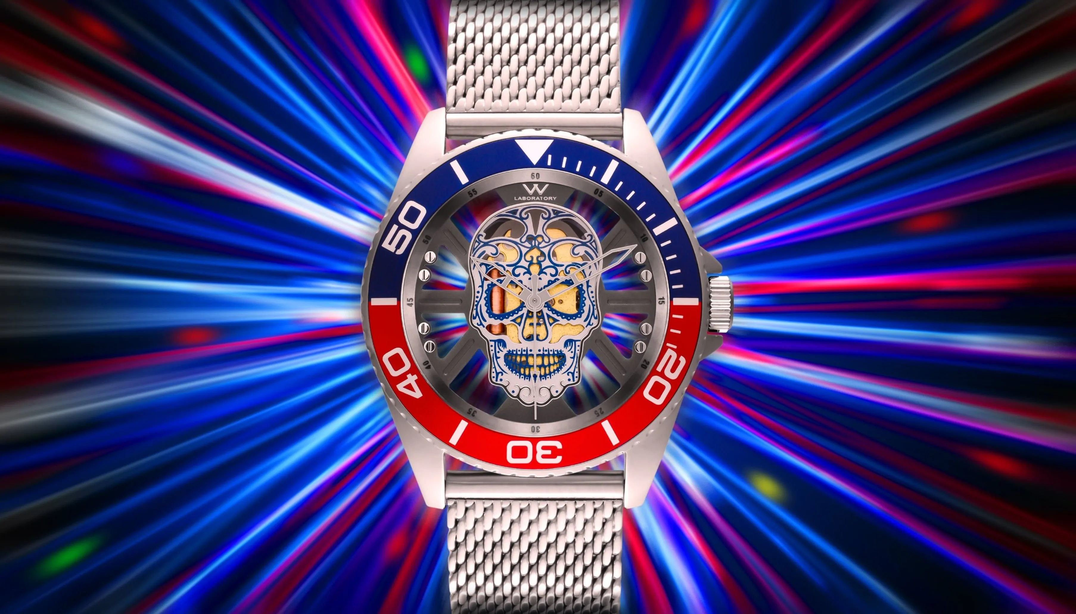 Hallow SKULL face watch - Stainless Steel Black and Blue Bezel