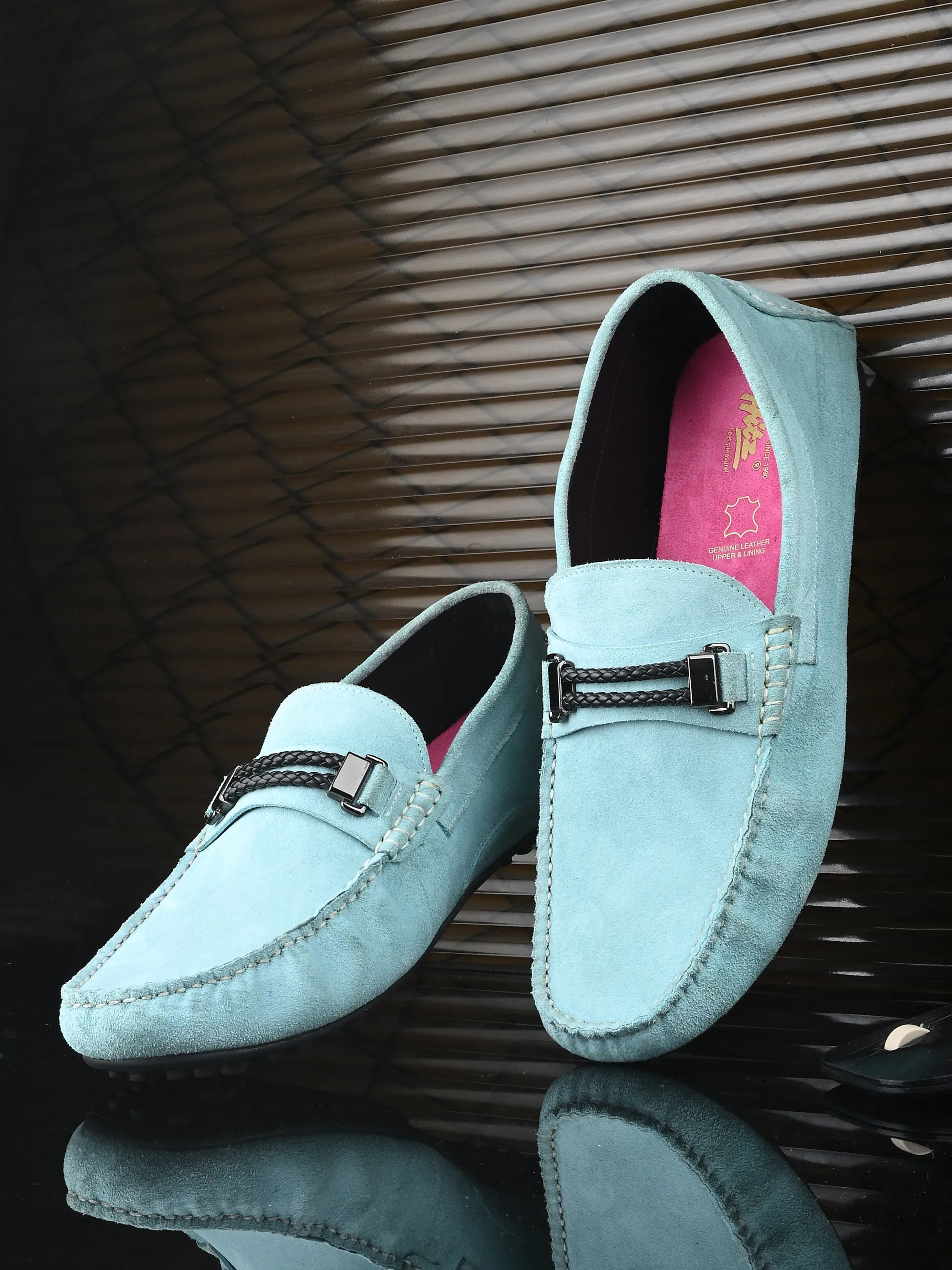 Hitz Men's Blue Leather Casual Loafers