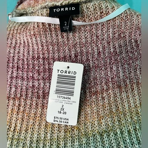 NWT Torrid Rainbow Open Front Long Sleeve Cardigan