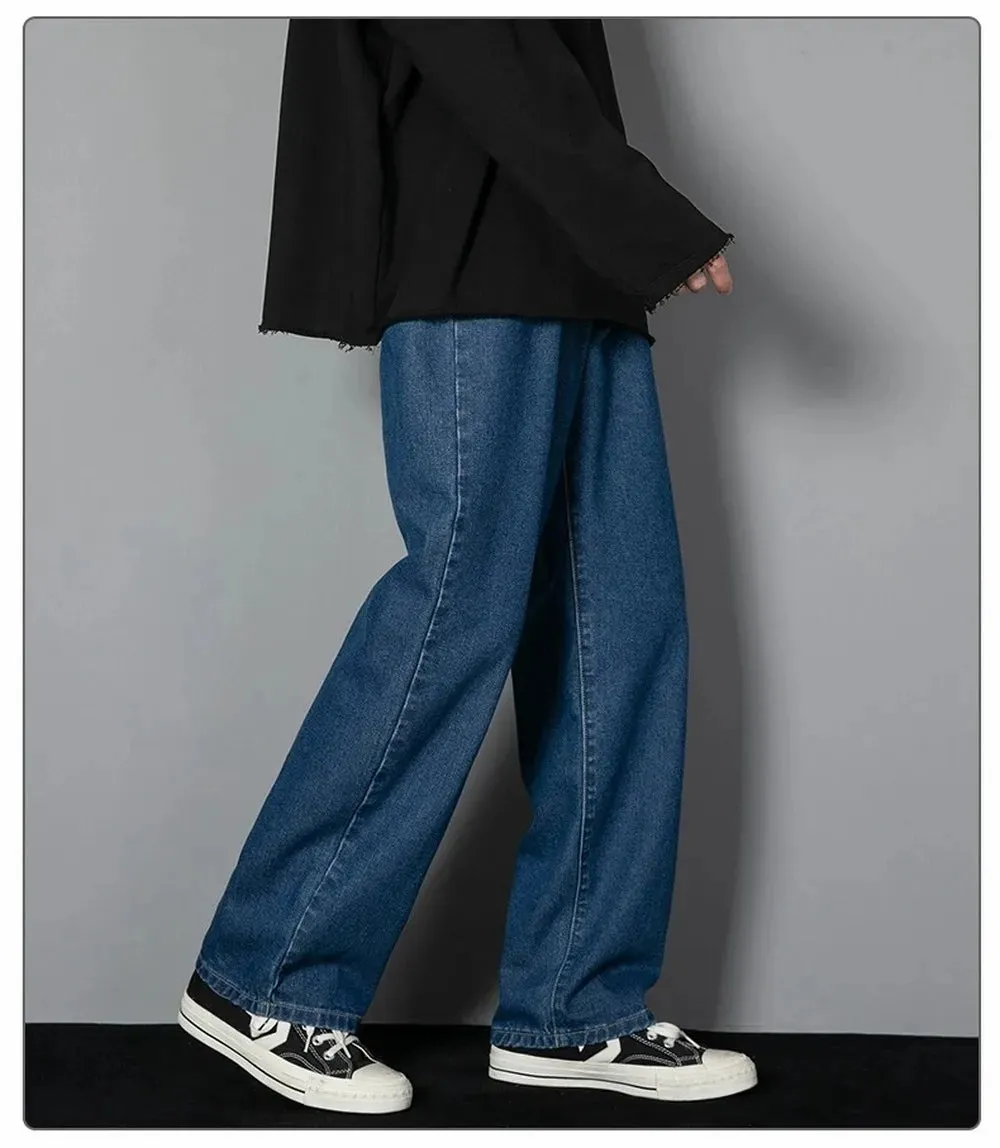 Obsidian Phoenix Korean Men's Casual Long Jeans - Classic Straight Wide-Leg Denim Pants