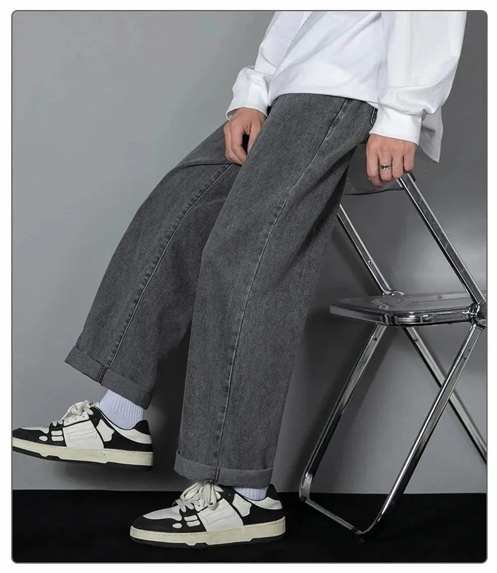 Obsidian Phoenix Korean Men's Casual Long Jeans - Classic Straight Wide-Leg Denim Pants