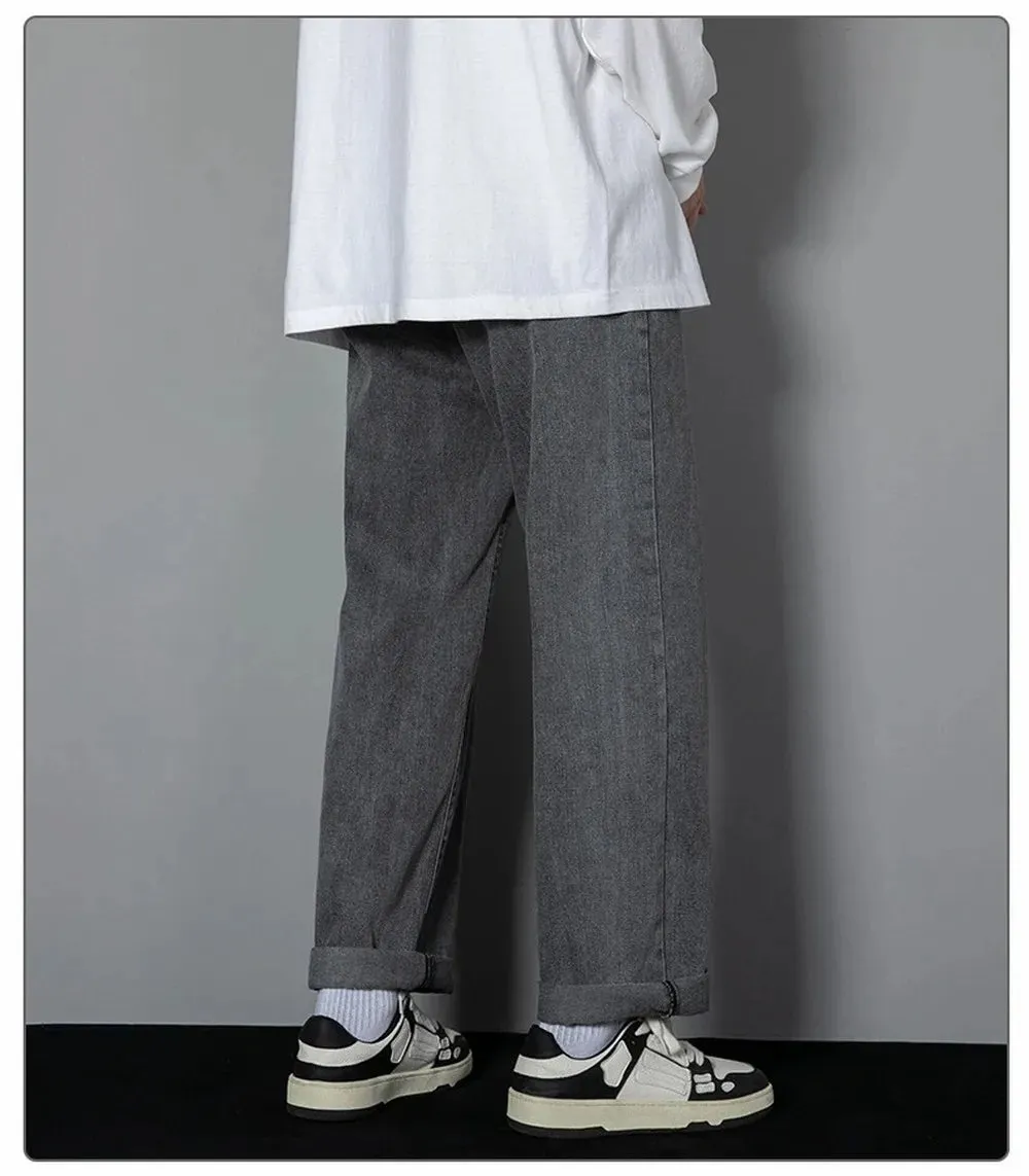 Obsidian Phoenix Korean Men's Casual Long Jeans - Classic Straight Wide-Leg Denim Pants