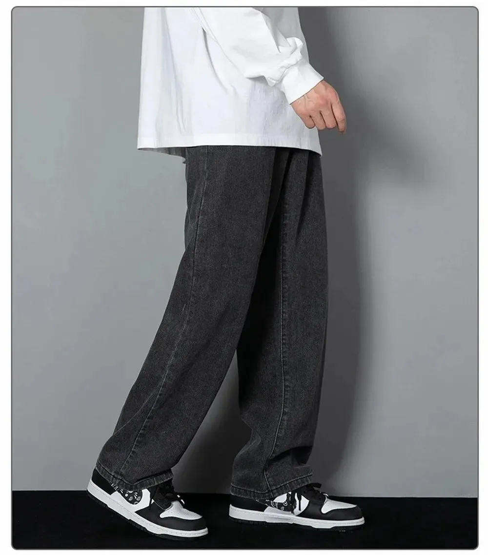 Obsidian Phoenix Korean Men's Casual Long Jeans - Classic Straight Wide-Leg Denim Pants