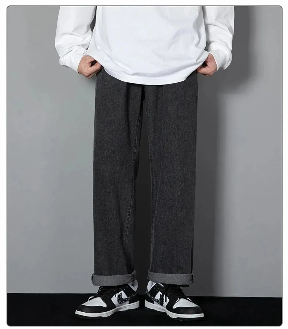 Obsidian Phoenix Korean Men's Casual Long Jeans - Classic Straight Wide-Leg Denim Pants