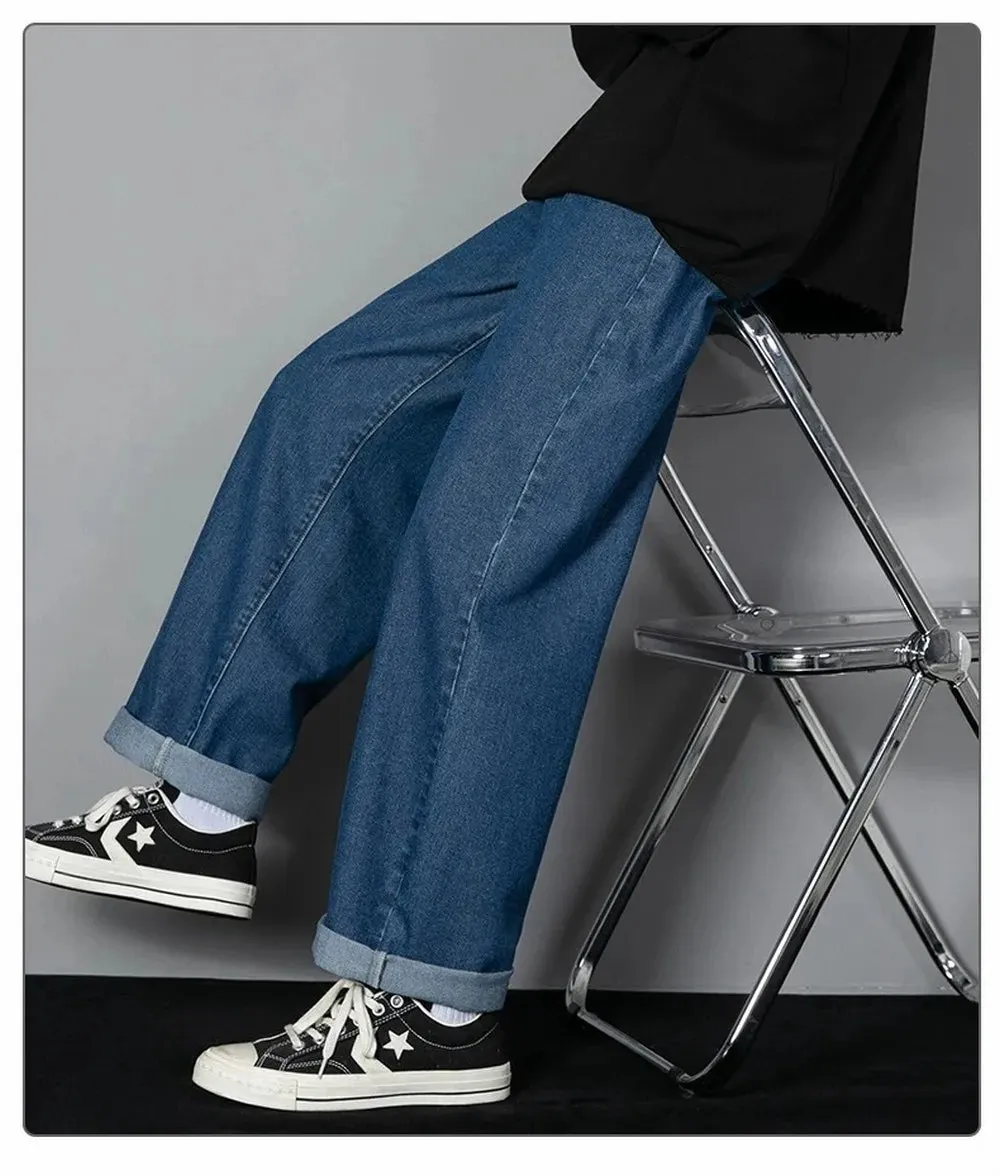 Obsidian Phoenix Korean Men's Casual Long Jeans - Classic Straight Wide-Leg Denim Pants
