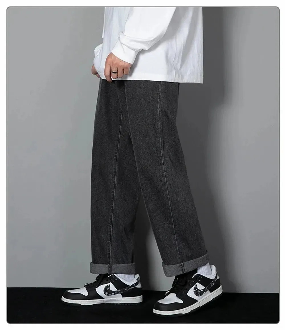 Obsidian Phoenix Korean Men's Casual Long Jeans - Classic Straight Wide-Leg Denim Pants