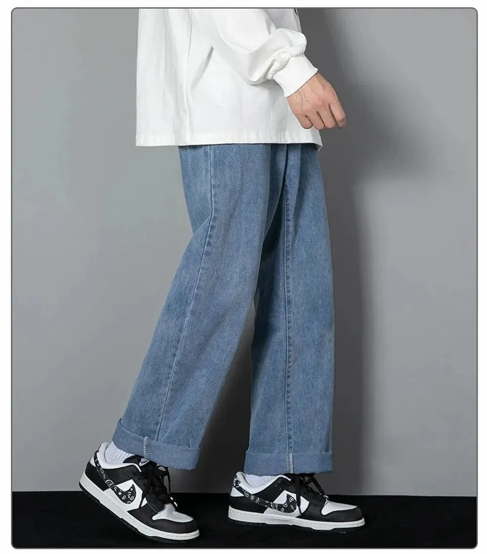 Obsidian Phoenix Korean Men's Casual Long Jeans - Classic Straight Wide-Leg Denim Pants