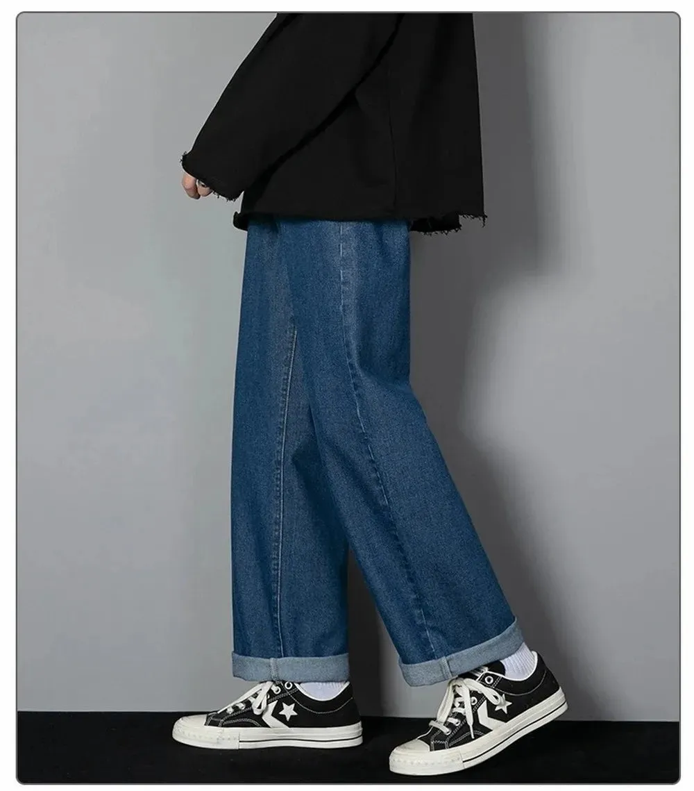 Obsidian Phoenix Korean Men's Casual Long Jeans - Classic Straight Wide-Leg Denim Pants