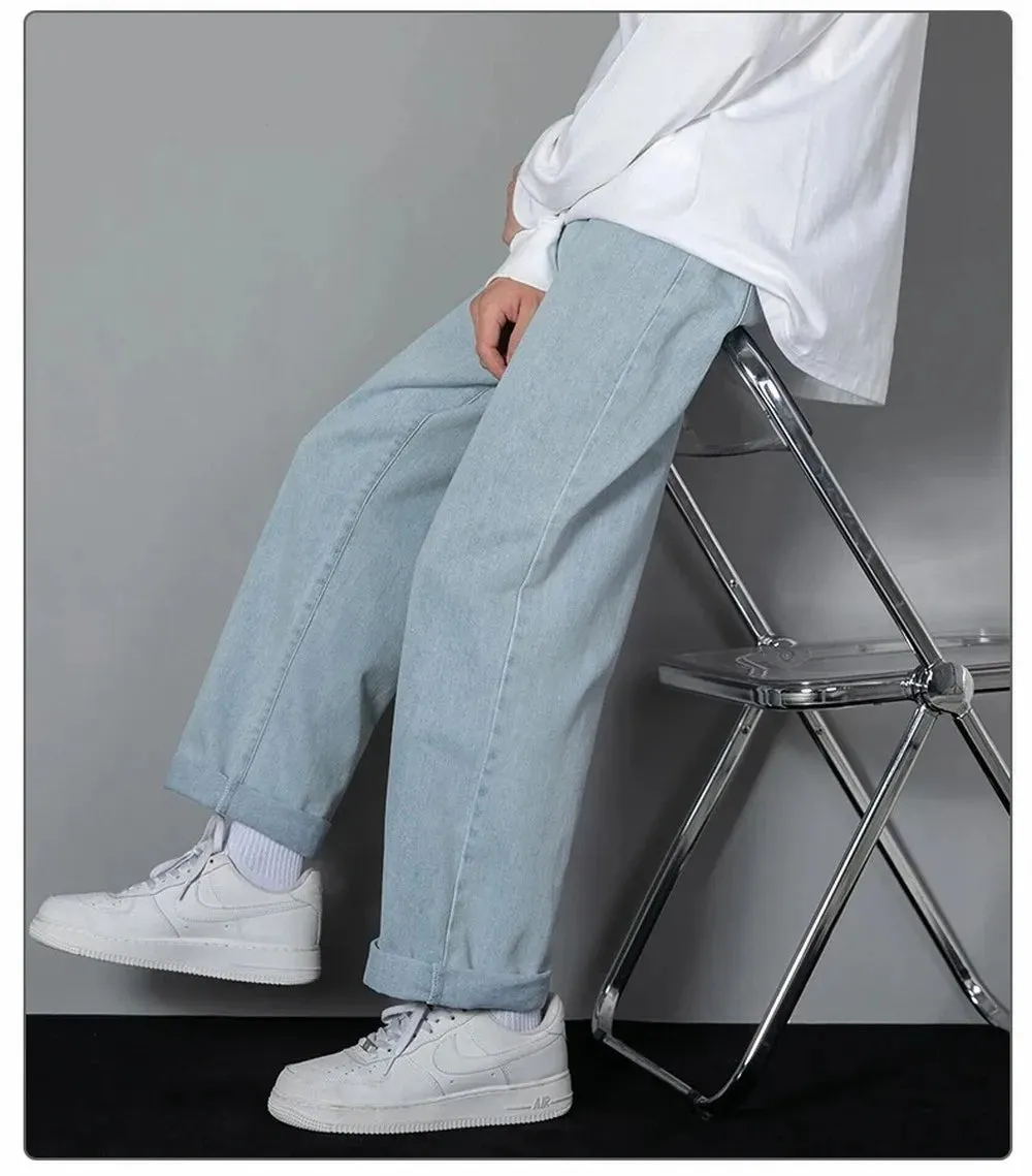 Obsidian Phoenix Korean Men's Casual Long Jeans - Classic Straight Wide-Leg Denim Pants
