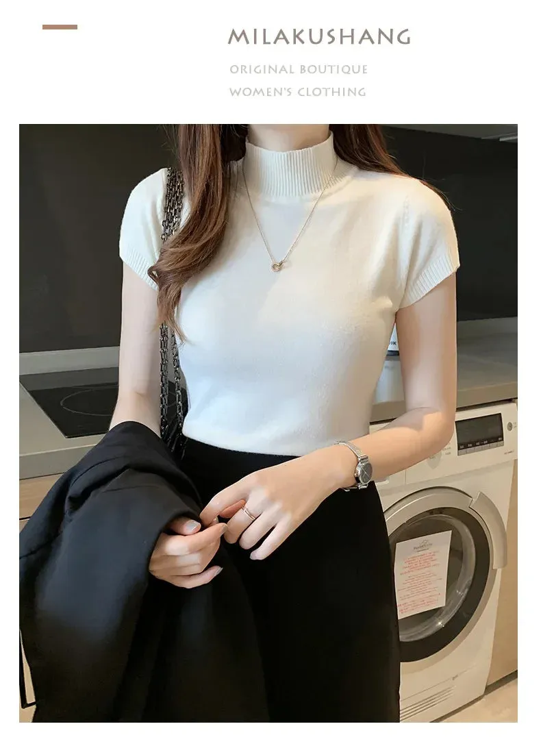 Obsidian Phoenix Women's Half-High Neck T-Shirt - Fashion Jumper Casual Tops in Elegant Solid Colors