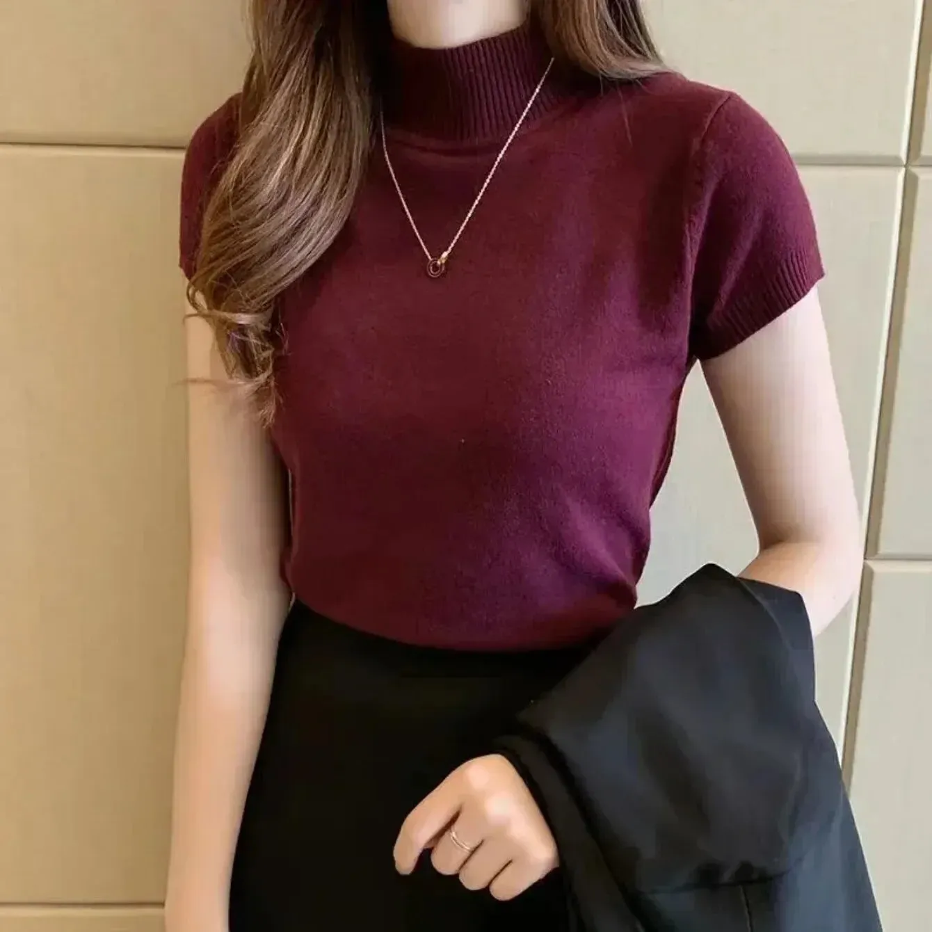 Obsidian Phoenix Women's Half-High Neck T-Shirt - Fashion Jumper Casual Tops in Elegant Solid Colors