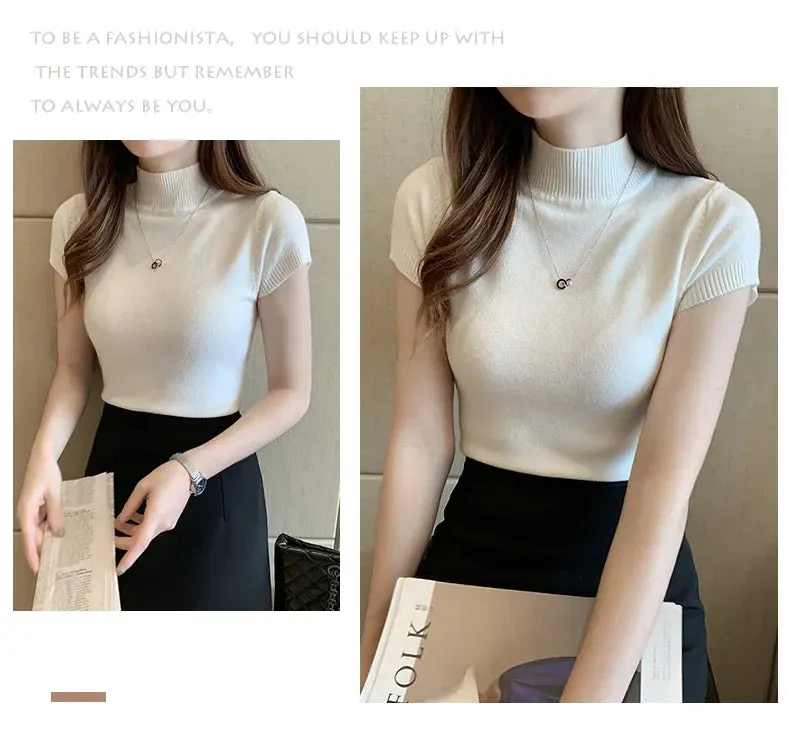 Obsidian Phoenix Women's Half-High Neck T-Shirt - Fashion Jumper Casual Tops in Elegant Solid Colors