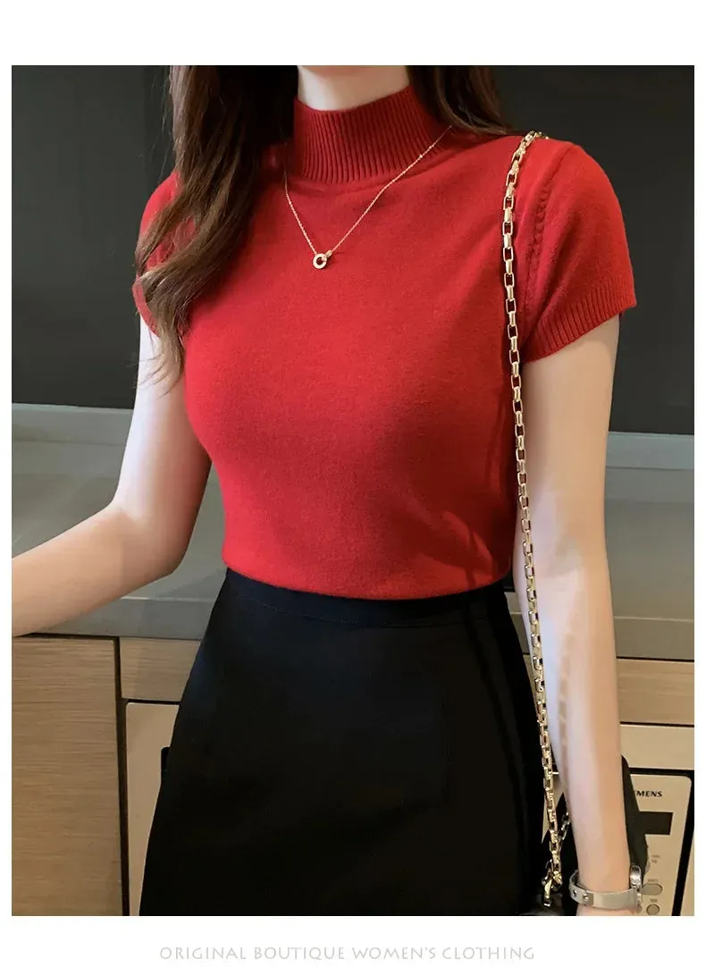 Obsidian Phoenix Women's Half-High Neck T-Shirt - Fashion Jumper Casual Tops in Elegant Solid Colors