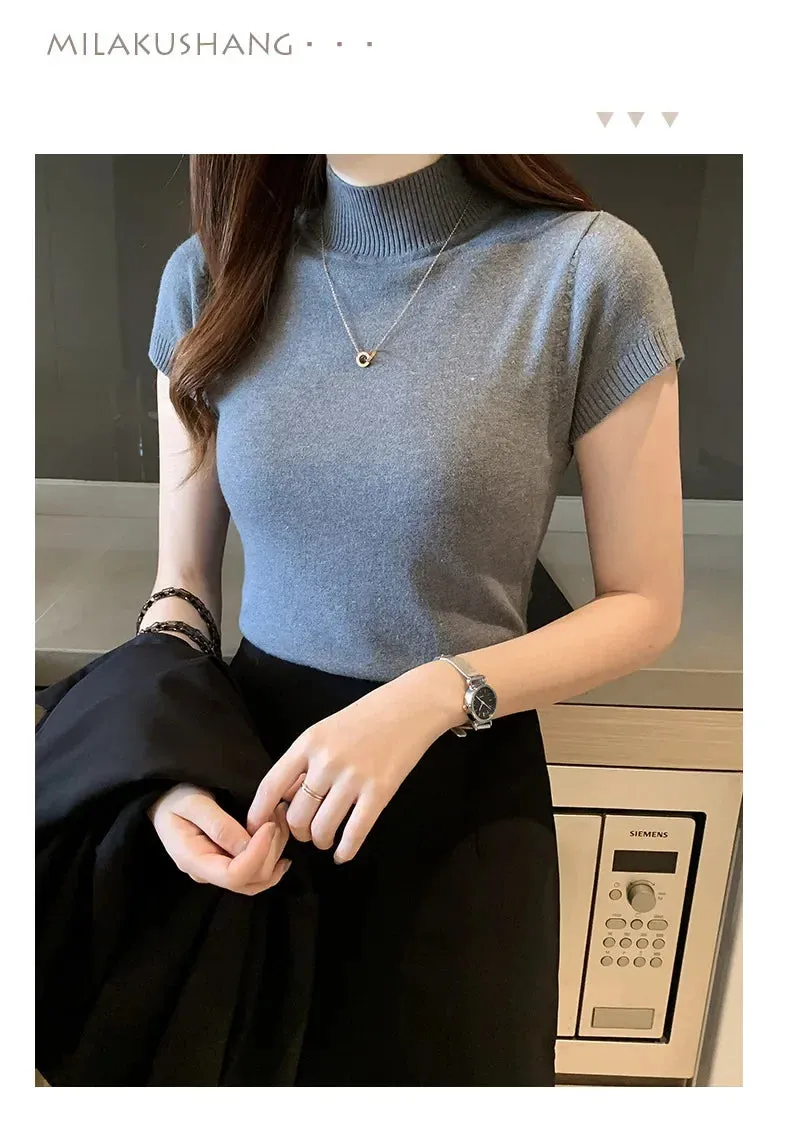 Obsidian Phoenix Women's Half-High Neck T-Shirt - Fashion Jumper Casual Tops in Elegant Solid Colors