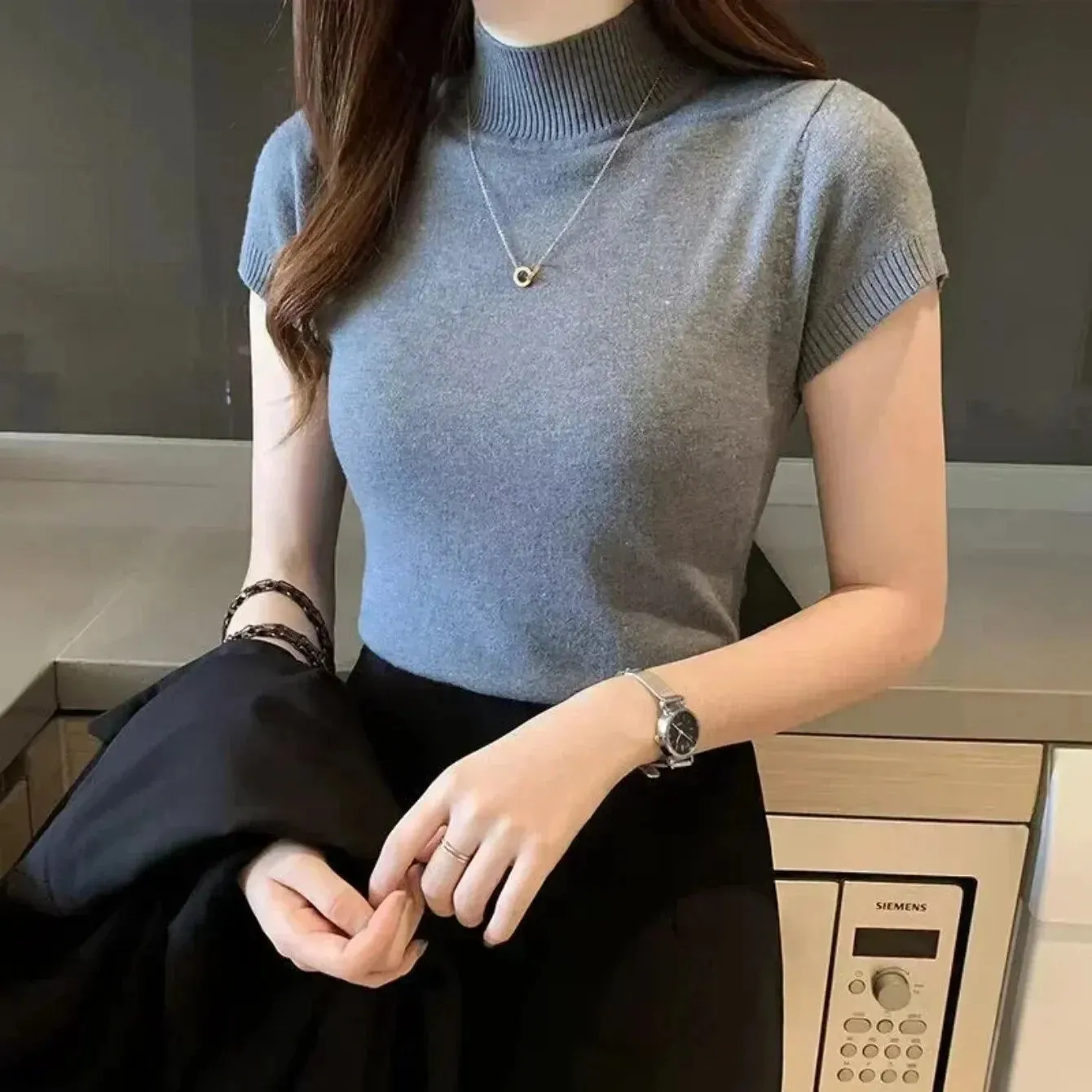 Obsidian Phoenix Women's Half-High Neck T-Shirt - Fashion Jumper Casual Tops in Elegant Solid Colors