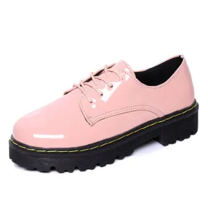 Pink Oxfords Shoes Woman Platform Creepers Patent Leather Flats Casual Lace-Up Loafers Women Brogue Shoes XWD3491