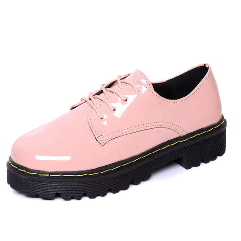 Pink Oxfords Shoes Woman Platform Creepers Patent Leather Flats Casual Lace-Up Loafers Women Brogue Shoes XWD3491