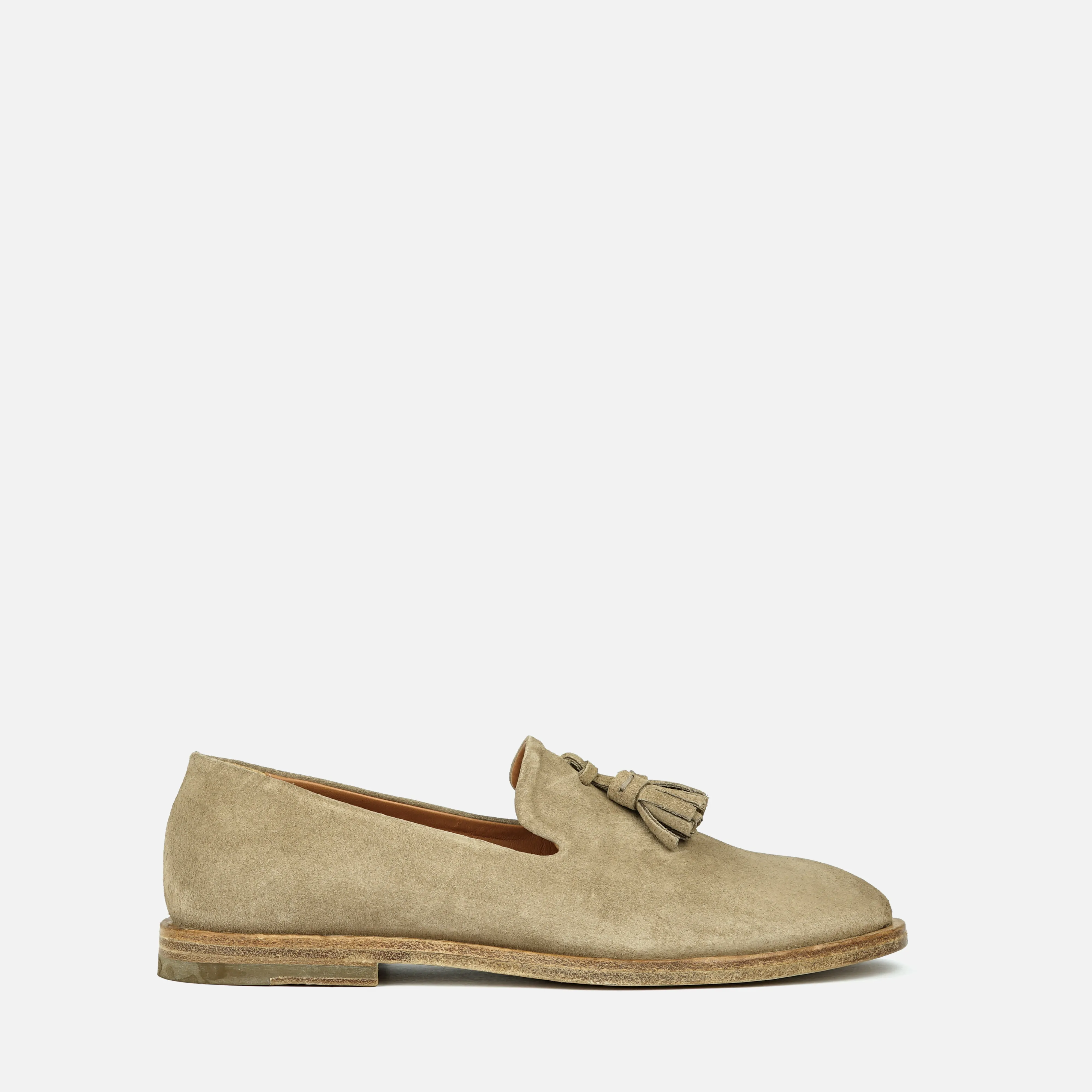 TAHITI | Suede Tassel Loafer in Olive Brown