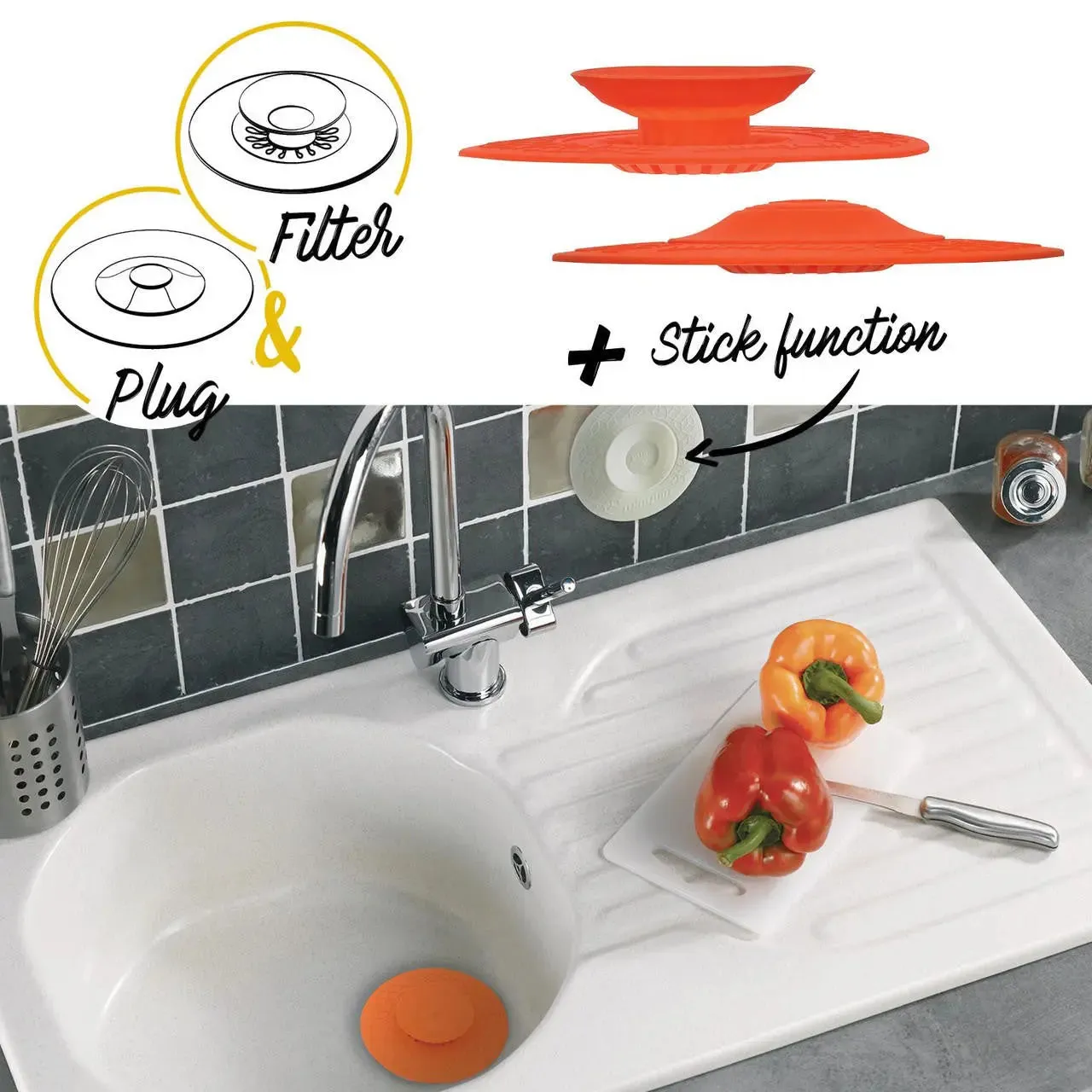 Universal 2in1 Kitchen Sink Plug Filter 110mm Stick Function
