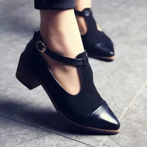 Vintage Oxford Shoes Women Pointed Toe Cut Out Med Heel Patchwork Buckle Ladies Shoes Flats WFS112
