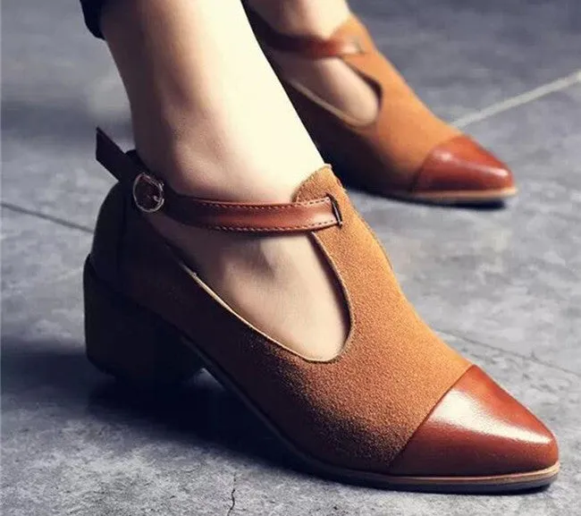 Vintage Oxford Shoes Women Pointed Toe Cut Out Med Heel Patchwork Buckle Ladies Shoes Flats WFS112