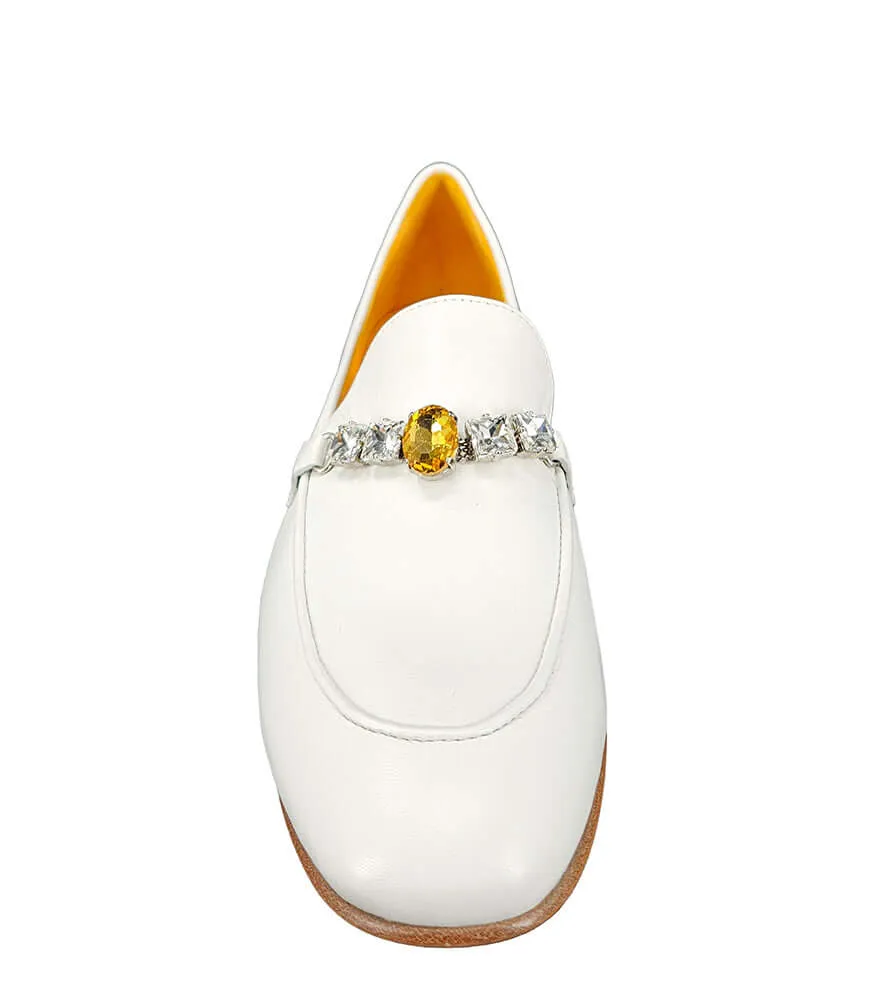 White Leather Flat Jeweled Loafer