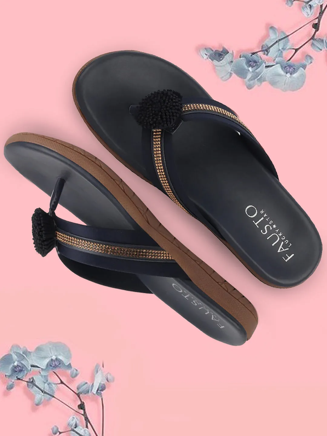 Women Blue Shiny Beads T-Strap Slipper With Cushioned Footbed|Party|Office Wear|Weekend