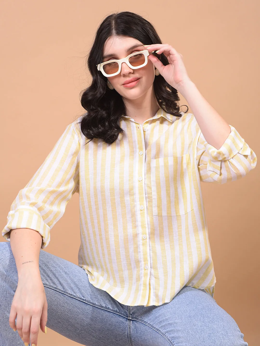 Women's Yellow Vertical Stripes Linen Shirt