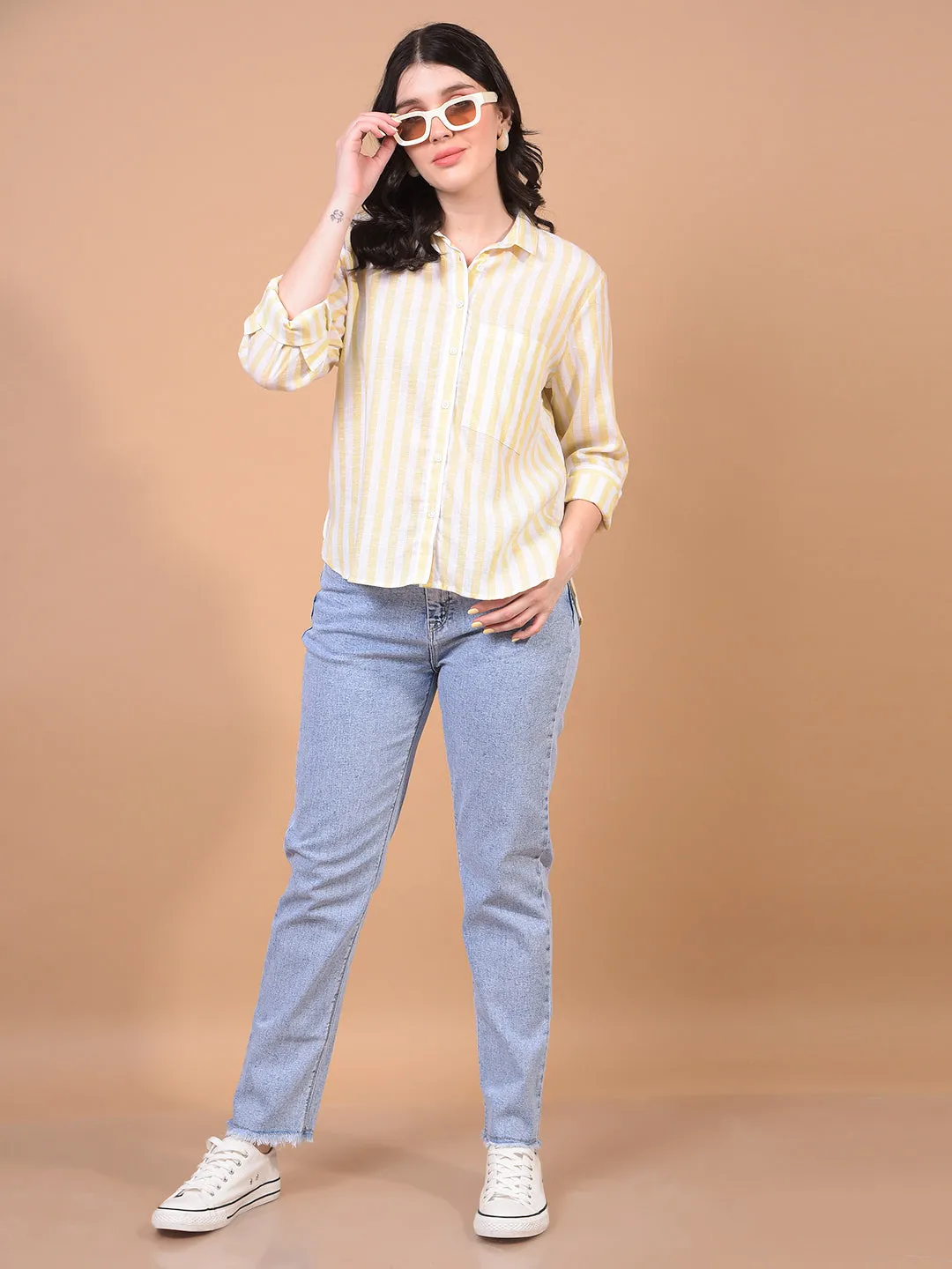 Women's Yellow Vertical Stripes Linen Shirt