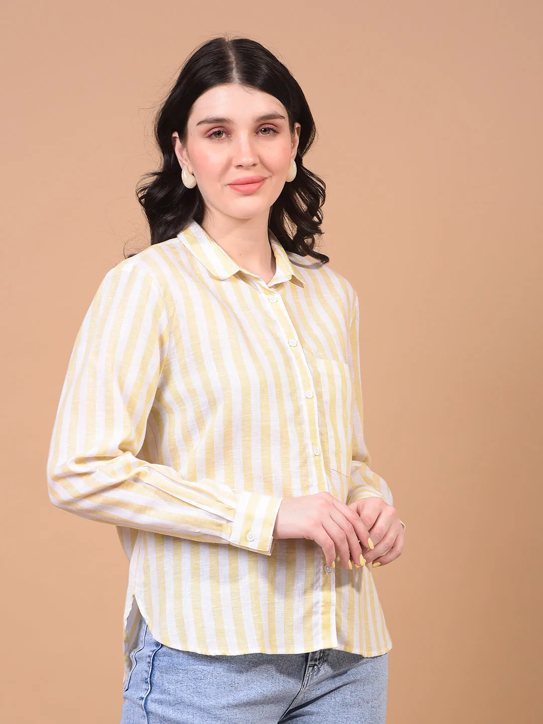 Women's Yellow Vertical Stripes Linen Shirt
