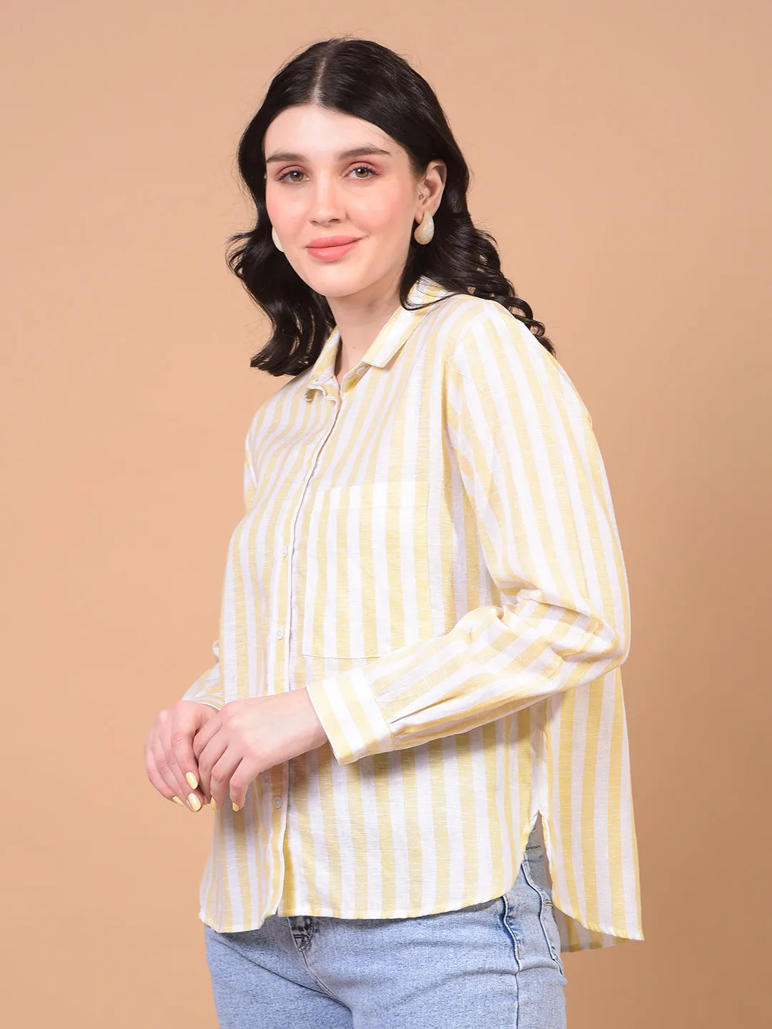 Women's Yellow Vertical Stripes Linen Shirt